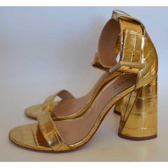 Schutz Gold Croc Embossed Ankle Strap Heel Sandal Size 40 - Picture 3 of 8